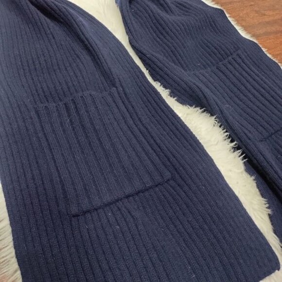 Navy Blue Cashmere Wool Blend With Pockets Ribbed Knit Scarf - Picture 3 of 7